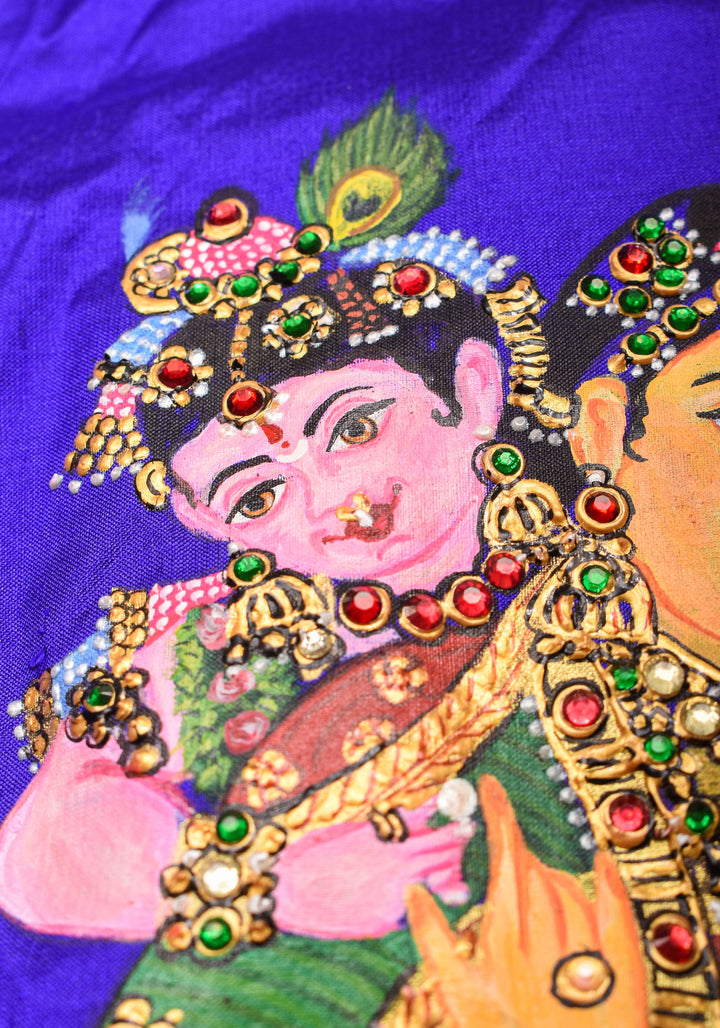 Baby Krishna and Yashodha - Tanjore Handpainting with hand embellished stones and 3d work on Pure silk Purple Blouse, Made to Order
