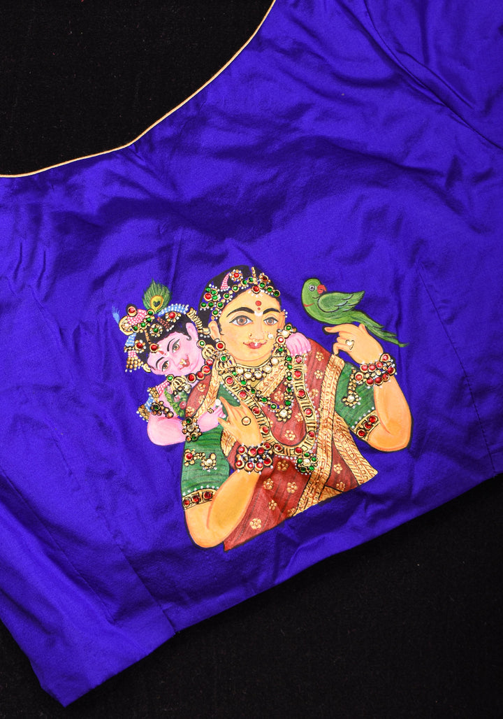 Baby Krishna and Yashodha - Tanjore Handpainting with hand embellished stones and 3d work on Pure silk Purple Blouse, Made to Order