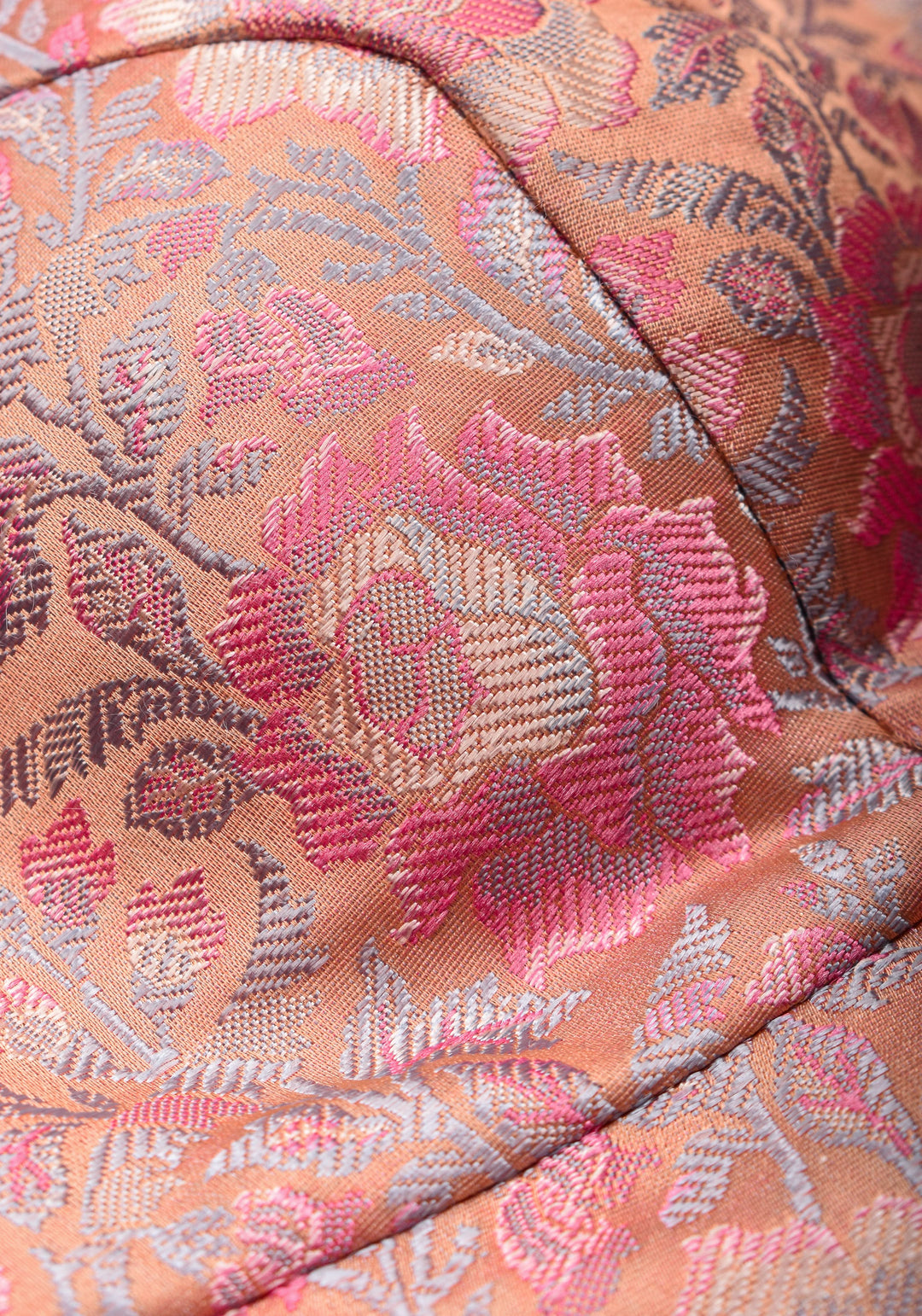 Pastel Pink Banarasi Tanchoi Floral Weave Blouse with Jewel neck and Potli Button detailing , Made to Order