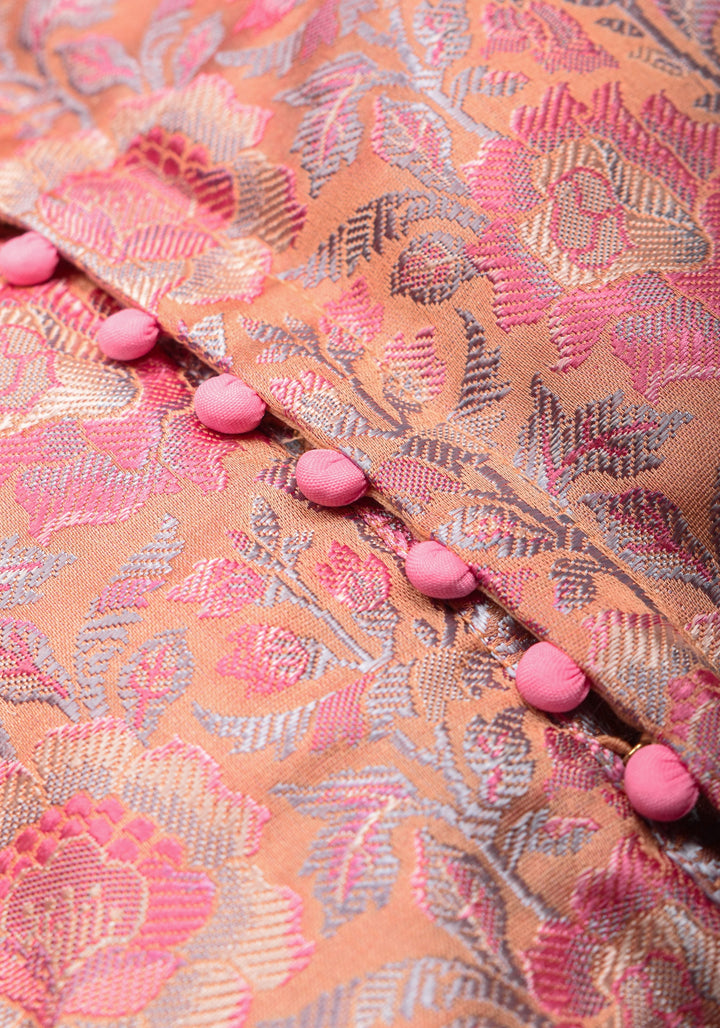 Pastel Pink Banarasi Tanchoi Floral Weave Blouse with Jewel neck and Potli Button detailing , Made to Order
