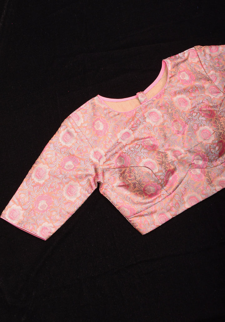Pastel Pink Banarasi Tanchoi Floral Weave Blouse with Jewel neck and Potli Button detailing , Made to Order