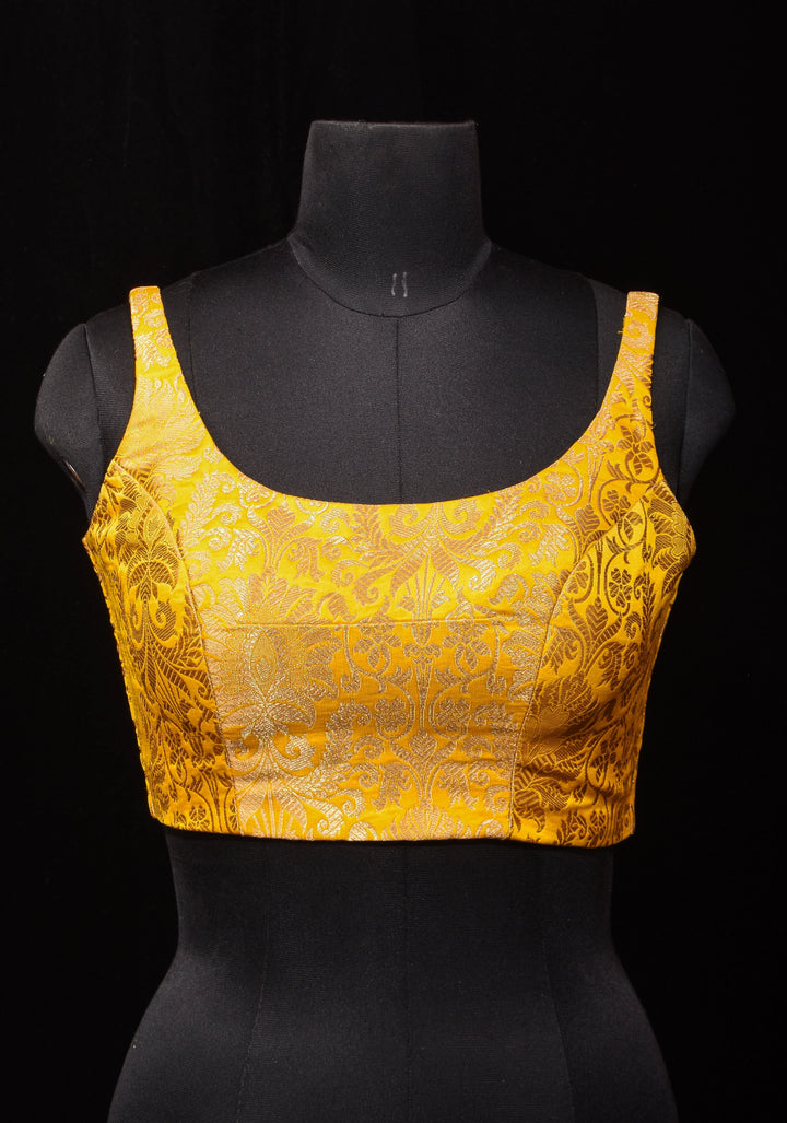 Yellow Banarasi brocade sleeveless mix and match blouse, customizable, made-to-order