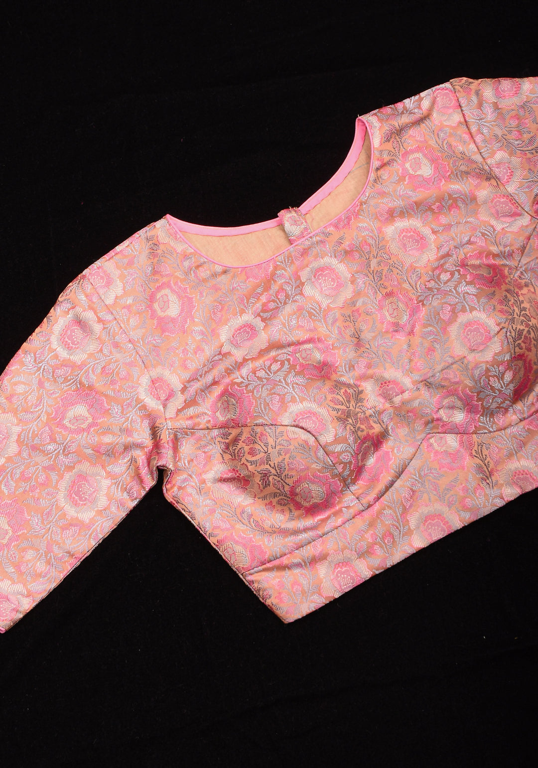 Pastel Pink Banarasi Tanchoi Floral Weave Blouse with Jewel neck and Potli Button detailing , Made to Order
