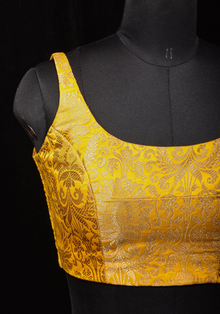Yellow Banarasi brocade sleeveless mix and match blouse, customizable, made-to-order
