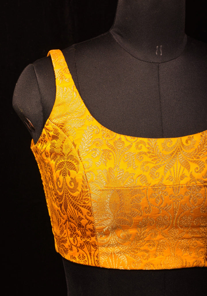 Yellow Banarasi brocade sleeveless mix and match blouse, customizable, made-to-order