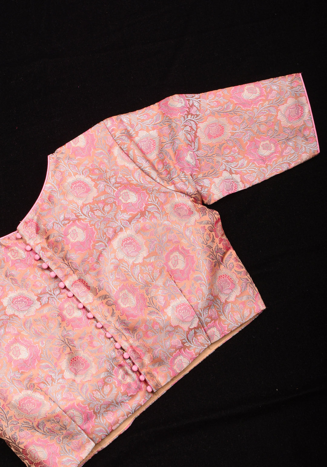 Pastel Pink Banarasi Tanchoi Floral Weave Blouse with Jewel neck and Potli Button detailing , Made to Order