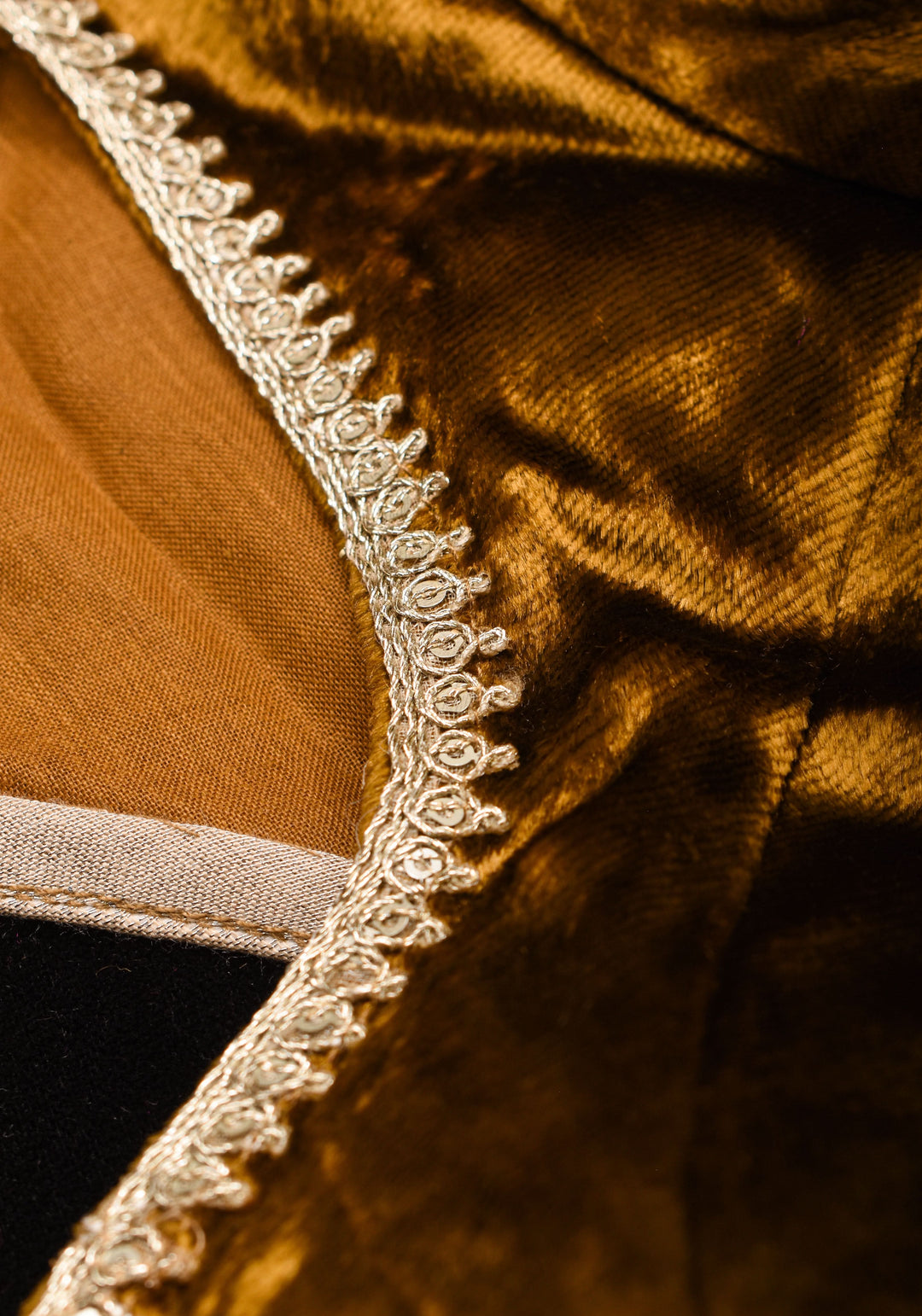 Exquisite Amber Brown Velvet Blouse with Deep Sweet Heart Neck and Tie up Detailing