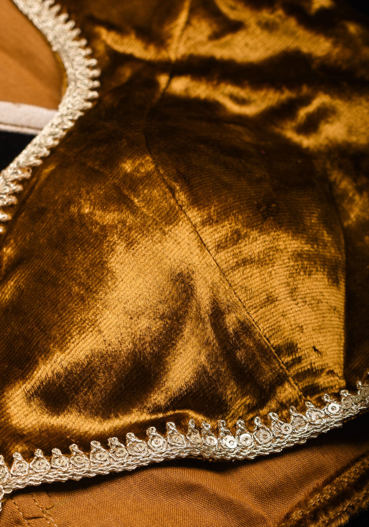 Exquisite Amber Brown Velvet Blouse with Deep Sweet Heart Neck and Tie up Detailing