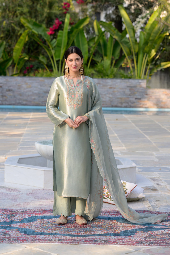 Sage Green Thread Embroidery with cut work and scallop embroidered border Suit Set | SHOBITAM