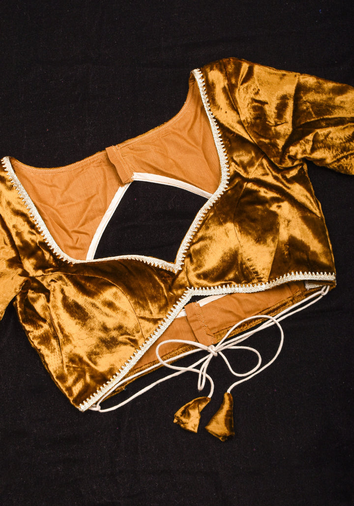 Exquisite Amber Brown Velvet Blouse with Deep Sweet Heart Neck and Tie up Detailing