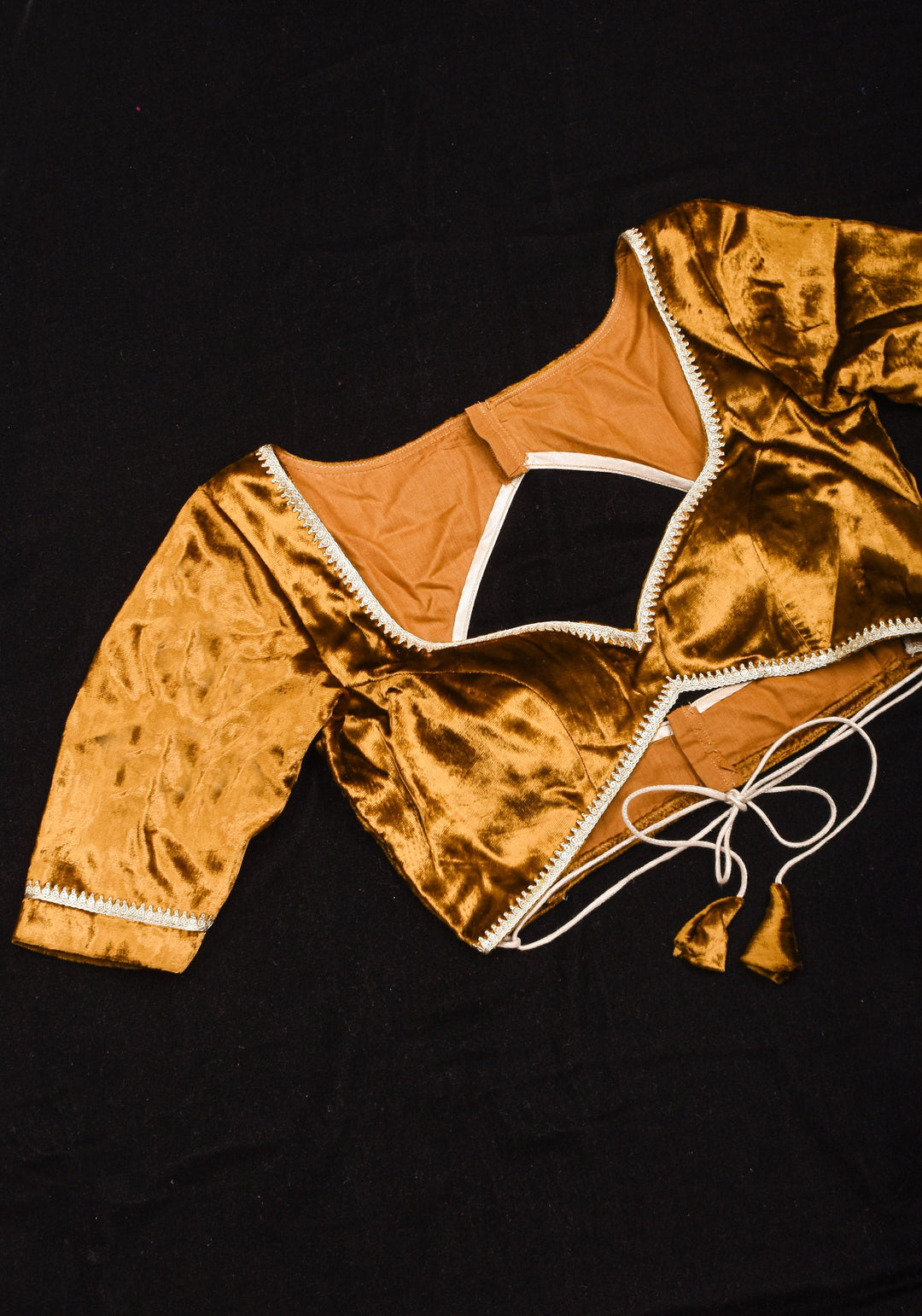 Exquisite Amber Brown Velvet Blouse with Deep Sweet Heart Neck and Tie up Detailing