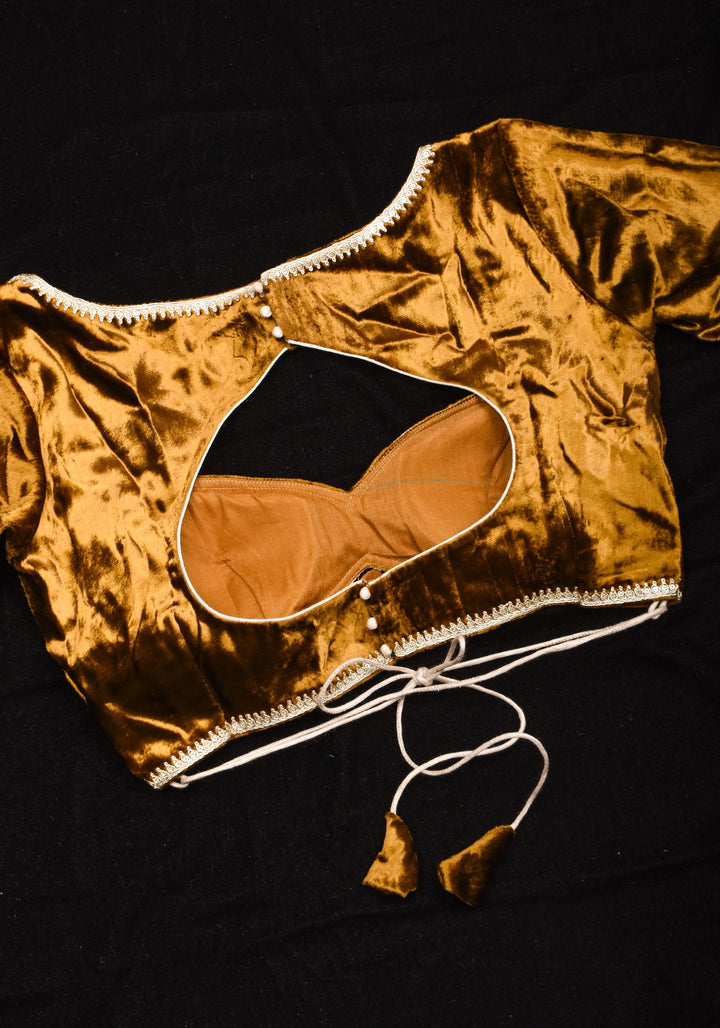 Exquisite Amber Brown Velvet Blouse with Deep Sweet Heart Neck and Tie up Detailing