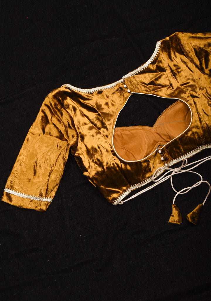Exquisite Amber Brown Velvet Blouse with Deep Sweet Heart Neck and Tie up Detailing
