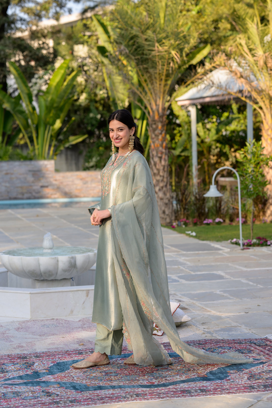 Sage Green Thread Embroidery with cut work and scallop embroidered border Suit Set | SHOBITAM