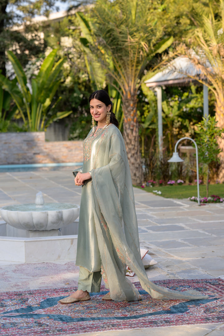 Sage Green Thread Embroidery with cut work and scallop embroidered border Suit Set | SHOBITAM