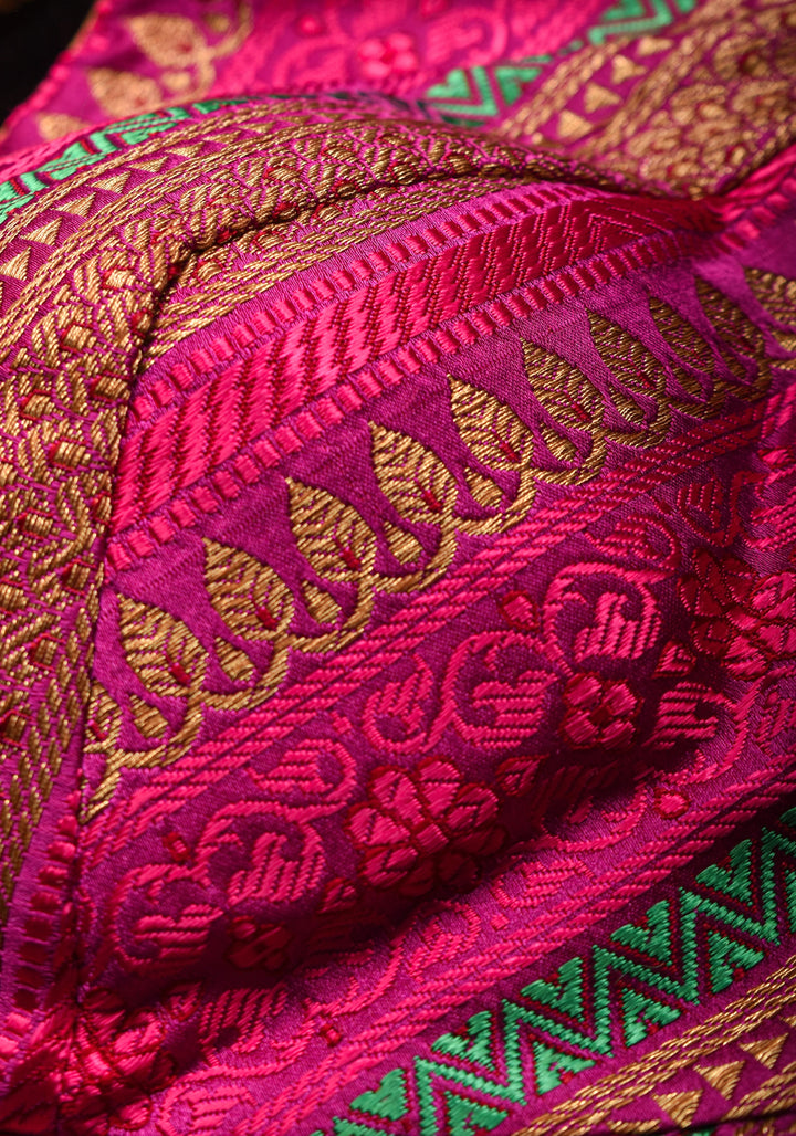 Rani Pink with Multicolor Striped Brocade Banarasi Blouse with V neck, Made to Order