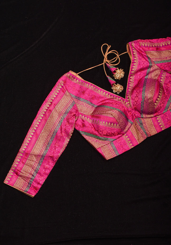 Rani Pink with Multicolor Striped Brocade Banarasi Blouse with V neck, Made to Order