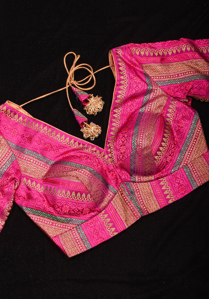 Rani Pink with Multicolor Striped Brocade Banarasi Blouse with V neck, Made to Order