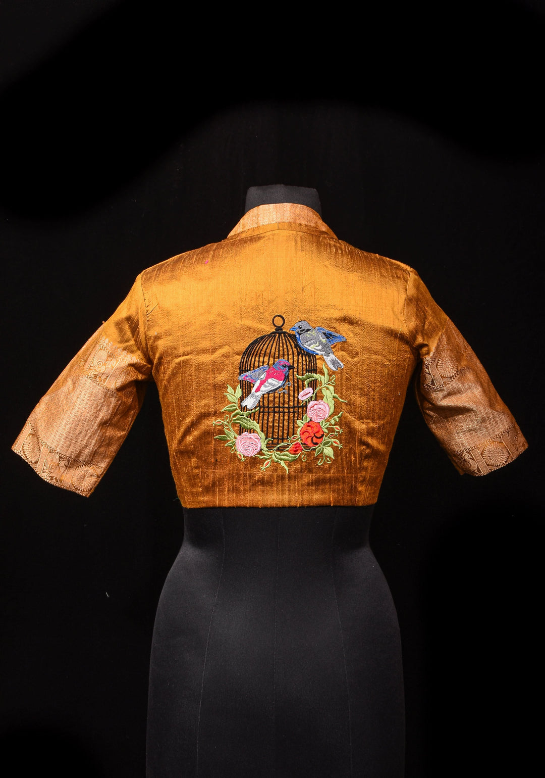 Ochre Pure Raw Silk With Wide Zari Borders and Free Spirit Floral and Birds Embroidery, Customizable, Made to Order