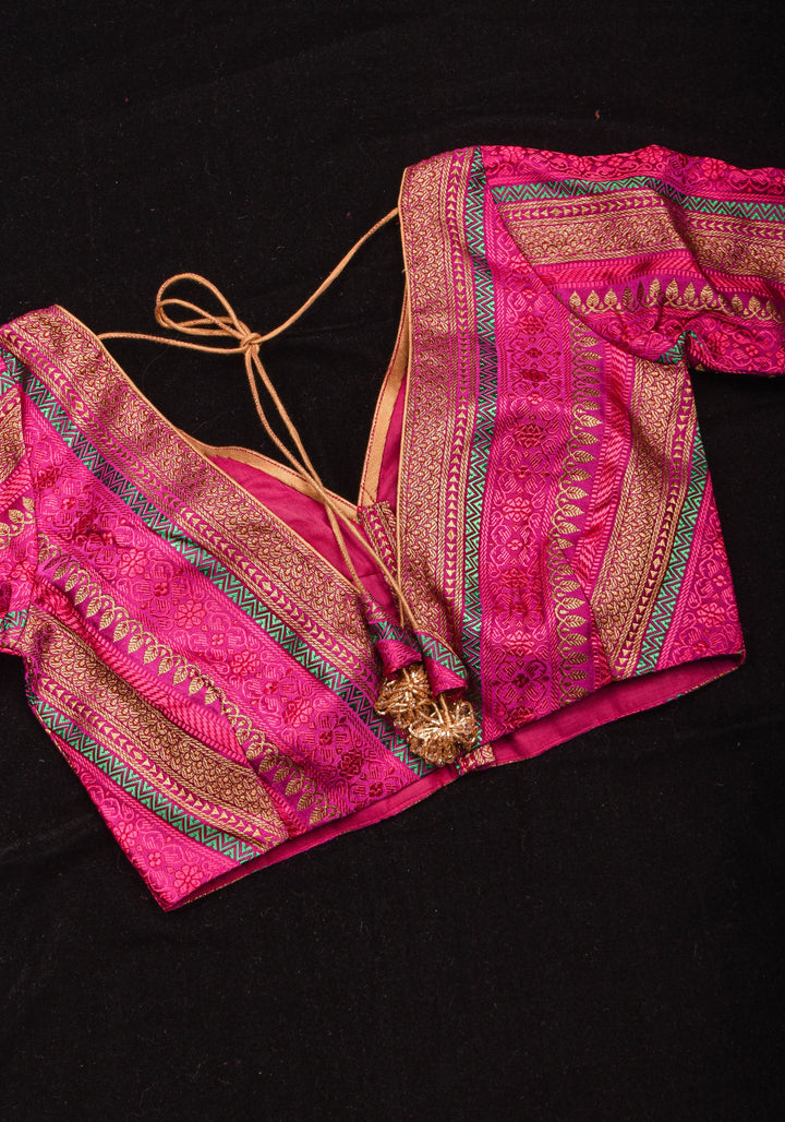 Rani Pink with Multicolor Striped Brocade Banarasi Blouse with V neck, Made to Order