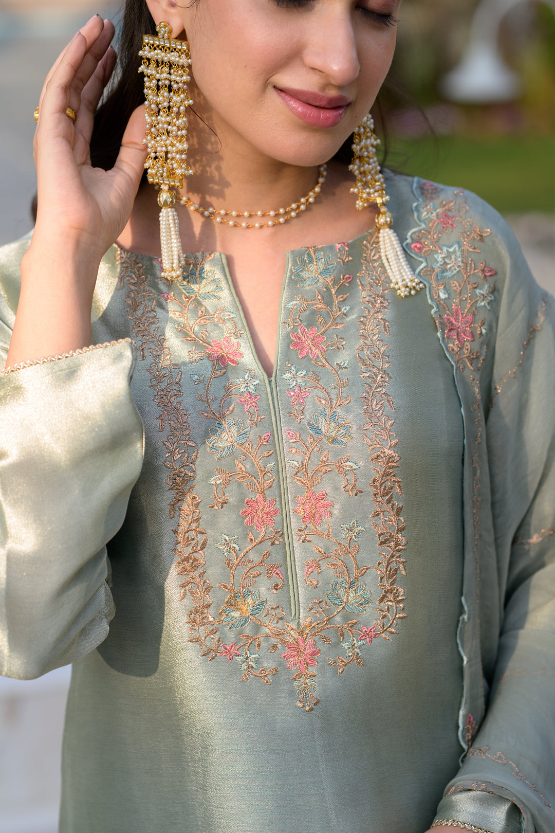 Sage Green Thread Embroidery with cut work and scallop embroidered border Suit Set | SHOBITAM