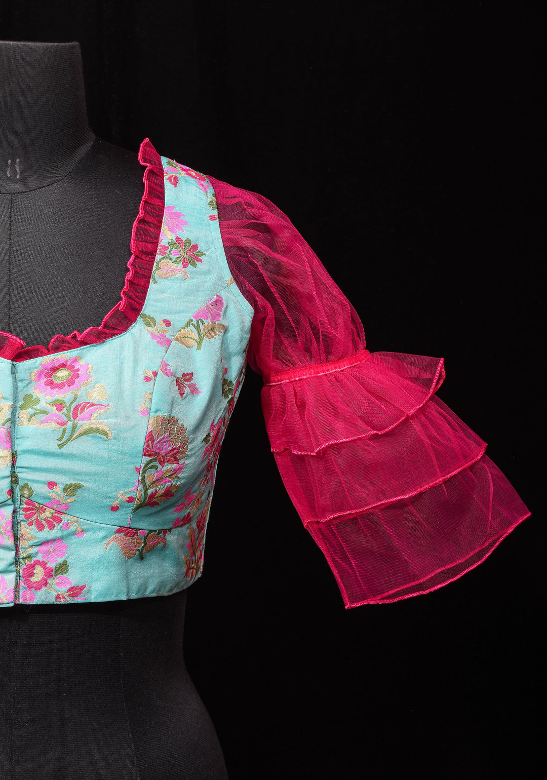 Mint Green Banarasi Meenakari Blouse with Fuchsia Net layered Puff Sleeves,customizable, made-to-order