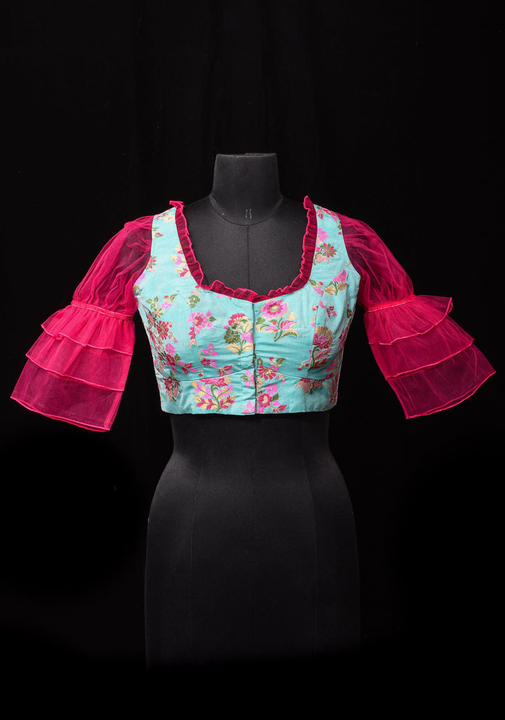 Mint Green Banarasi Meenakari Blouse with Fuchsia Net layered Puff Sleeves,customizable, made-to-order