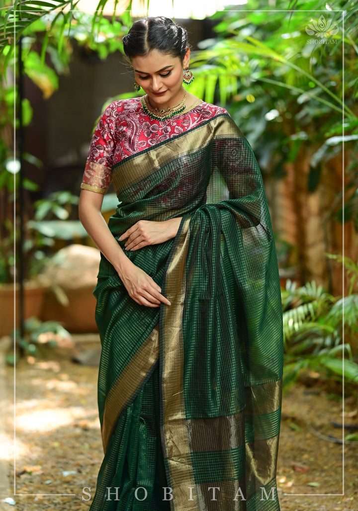 Bottle Green Handwoven Maheshwari Silk Cotton Zari Pinstripes Saree.