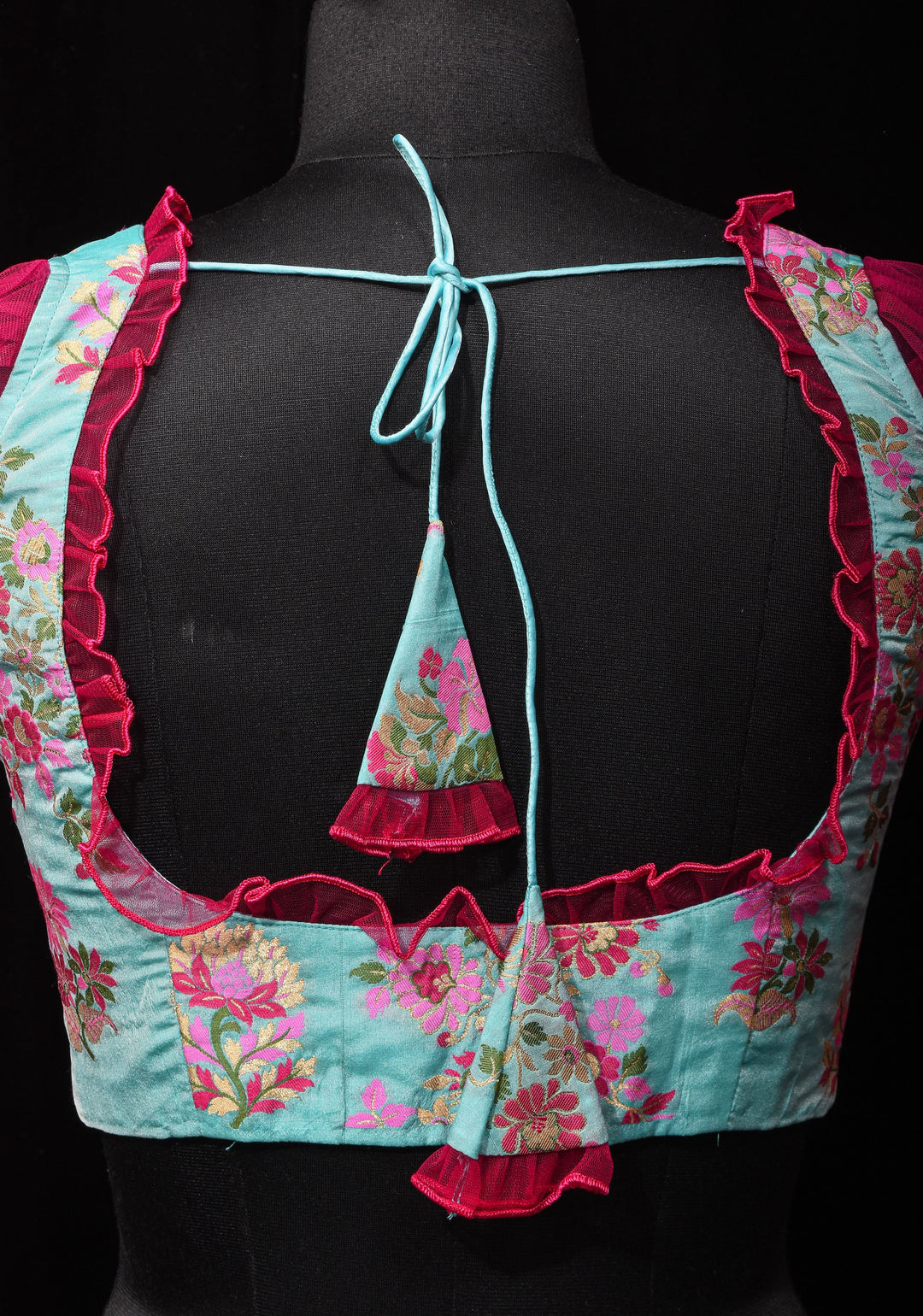 Mint Green Banarasi Meenakari Blouse with Fuchsia Net layered Puff Sleeves,customizable, made-to-order