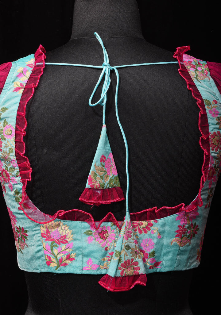 Mint Green Banarasi Meenakari Blouse with Fuchsia Net layered Puff Sleeves,customizable, made-to-order