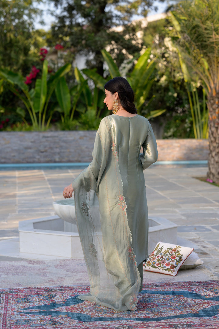 Sage Green Thread Embroidery with cut work and scallop embroidered border Suit Set | SHOBITAM