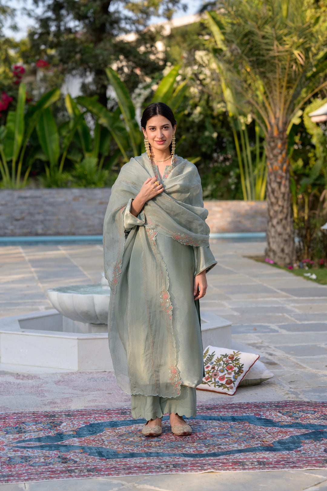 Sage Green Thread Embroidery with cut work and scallop embroidered border Suit Set | SHOBITAM