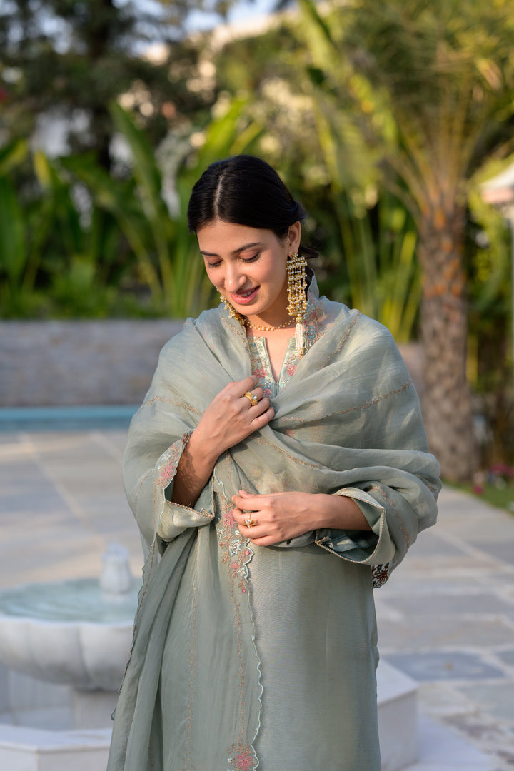 Sage Green Thread Embroidery with cut work and scallop embroidered border Suit Set | SHOBITAM