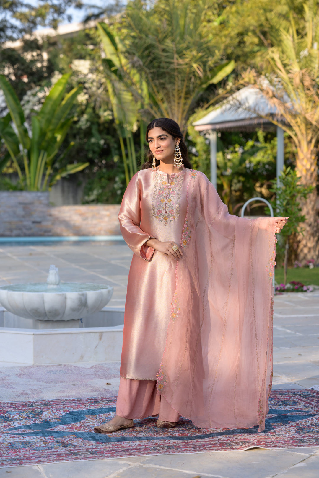 Golden Rose Pastel Pink Thread Embroidery with cut work and scallop embroidered border Suit Set | SHOBITAM