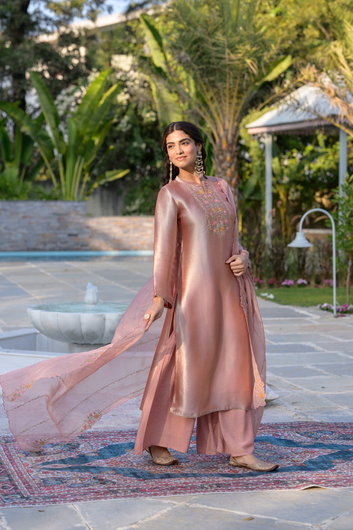 Golden Rose Pastel Pink Thread Embroidery with cut work and scallop embroidered border Suit Set | SHOBITAM