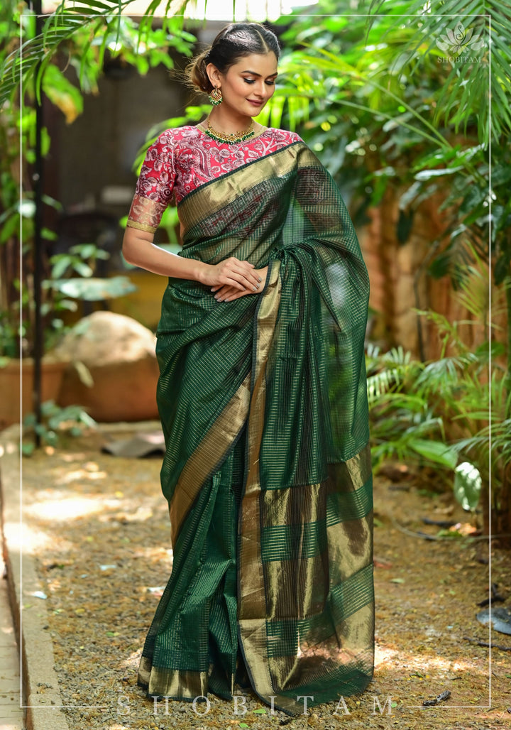 Bottle Green Handwoven Maheshwari Silk Cotton Zari Pinstripes Saree.