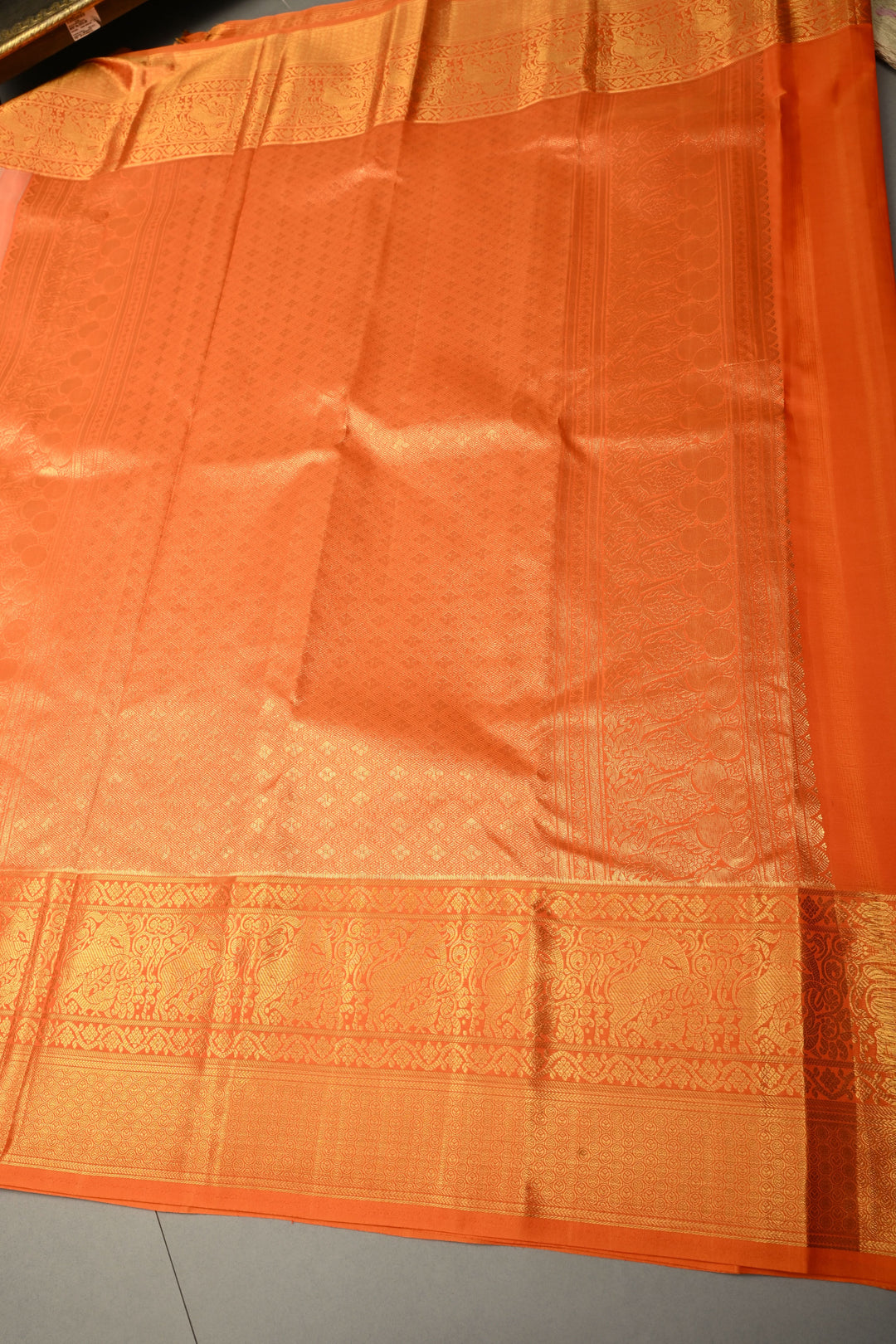 Beige Kanjivaram Tissue Silk Saree with Moroccan Trellis Design Brocade and Contrast Zari Border | SILK MARK CERTIFIED | SHOBITAM