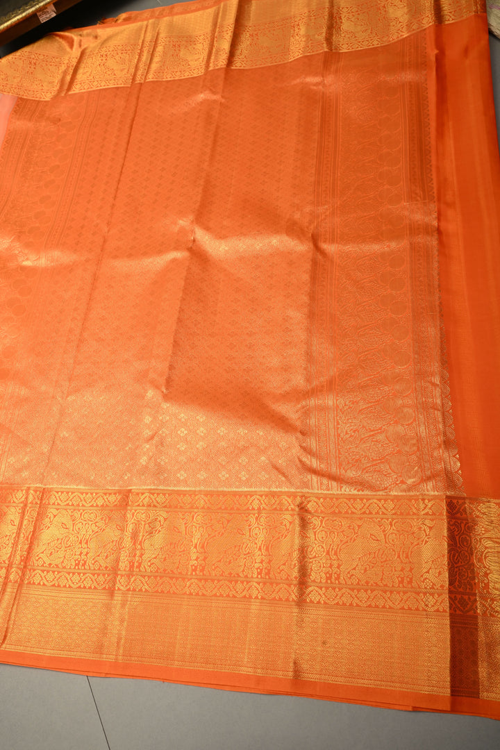 Beige Kanjivaram Tissue Silk Saree with Moroccan Trellis Design Brocade and Contrast Zari Border | SILK MARK CERTIFIED | SHOBITAM