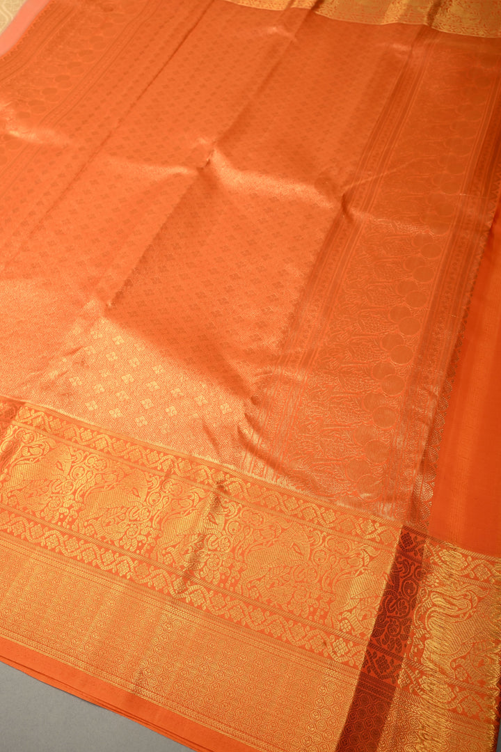 Beige Kanjivaram Tissue Silk Saree with Moroccan Trellis Design Brocade and Contrast Zari Border | SILK MARK CERTIFIED | SHOBITAM