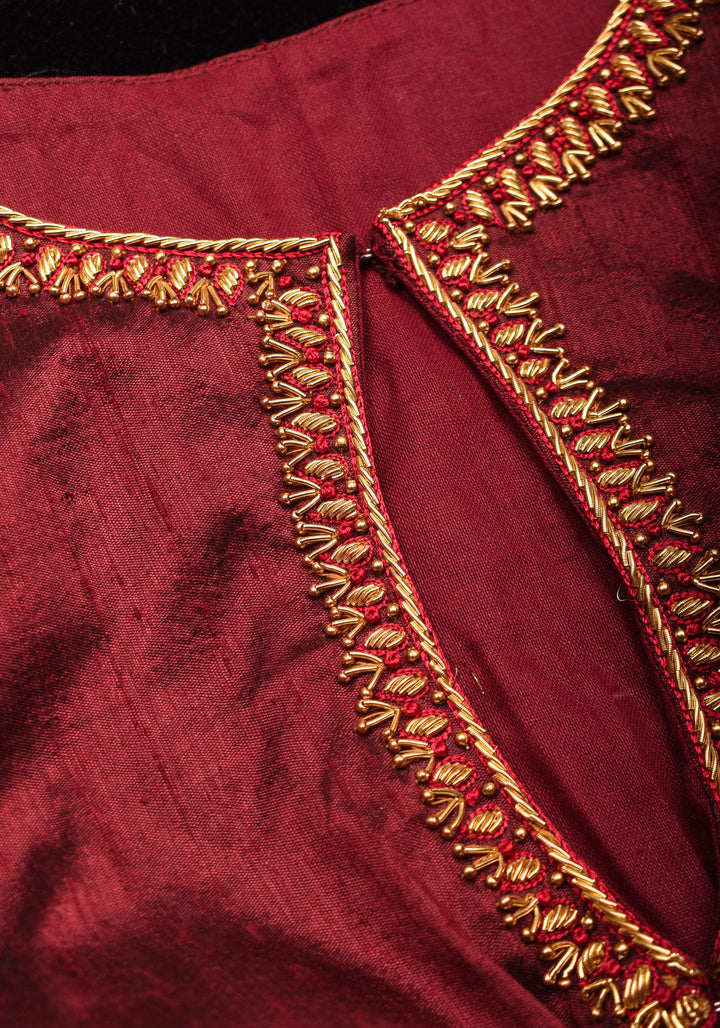 Maroon Pure Raw Silk Blouse with Hand Zardosi detailing and Puff Sleeves, Made to Order