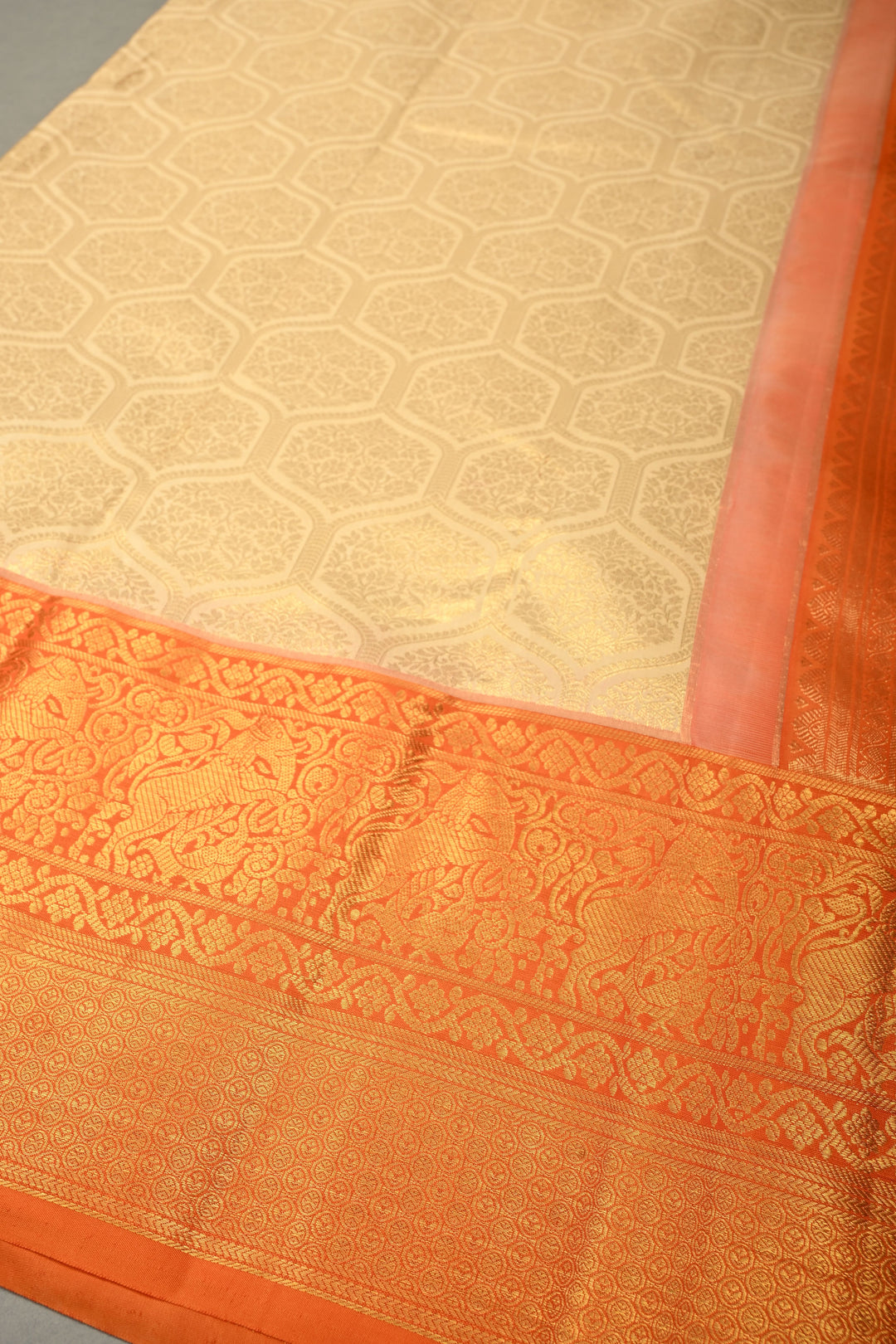 Beige Kanjivaram Tissue Silk Saree with Moroccan Trellis Design Brocade and Contrast Zari Border | SILK MARK CERTIFIED | SHOBITAM
