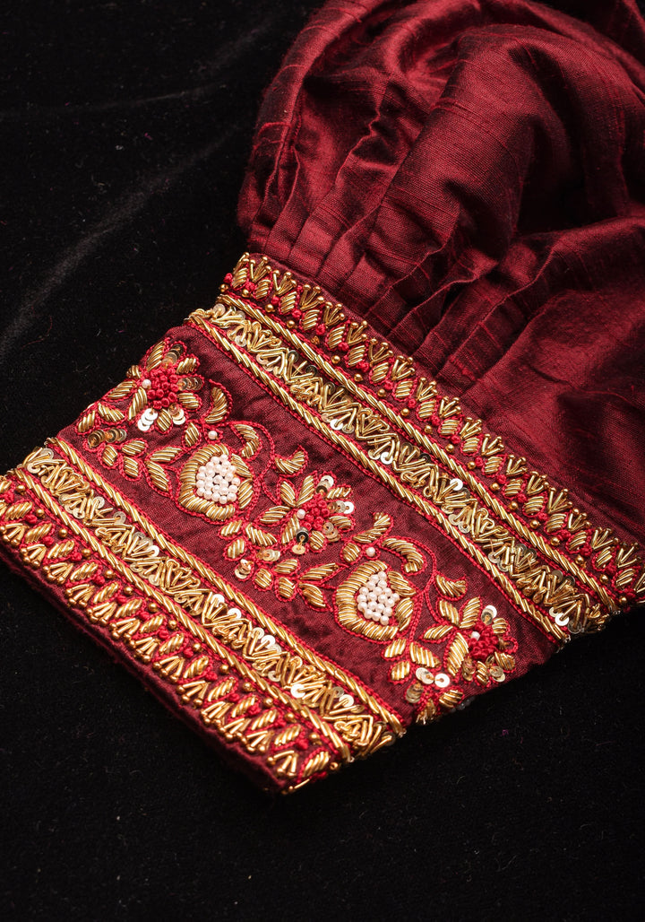 Maroon Pure Raw Silk Blouse with Hand Zardosi detailing and Puff Sleeves, Made to Order