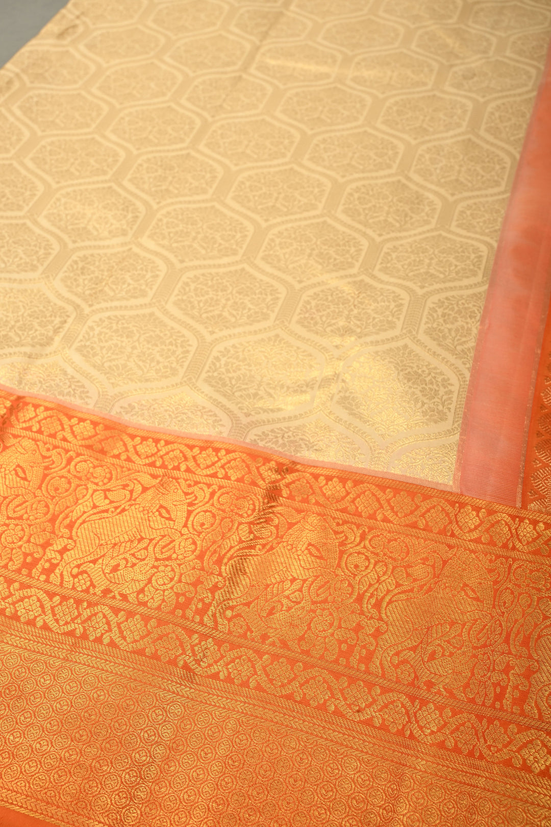 Beige Kanjivaram Tissue Silk Saree with Moroccan Trellis Design Brocade and Contrast Zari Border | SILK MARK CERTIFIED | SHOBITAM
