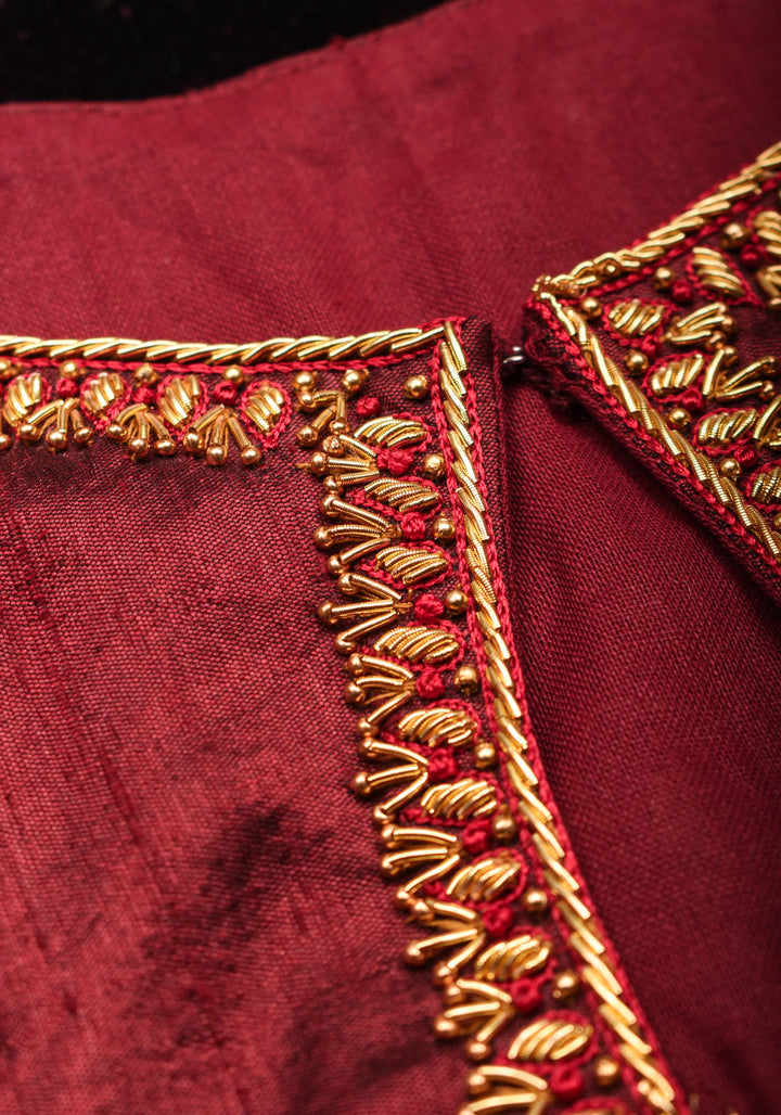 Maroon Pure Raw Silk Blouse with Hand Zardosi detailing and Puff Sleeves, Made to Order