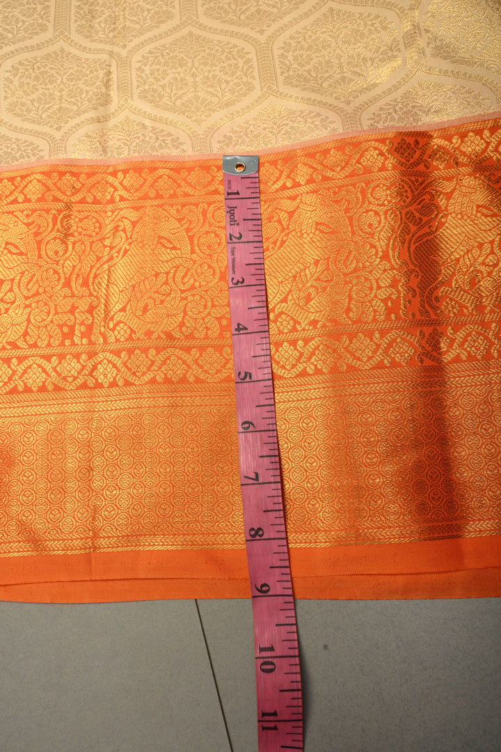 Beige Kanjivaram Tissue Silk Saree with Moroccan Trellis Design Brocade and Contrast Zari Border | SILK MARK CERTIFIED | SHOBITAM