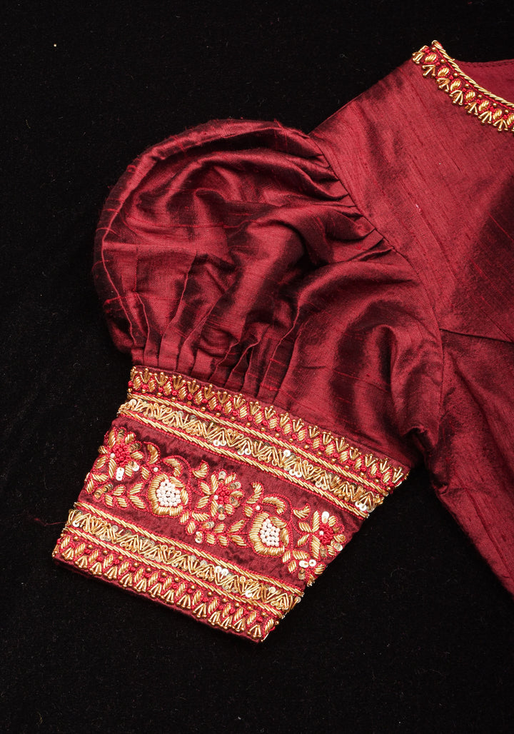 Maroon Pure Raw Silk Blouse with Hand Zardosi detailing and Puff Sleeves, Made to Order
