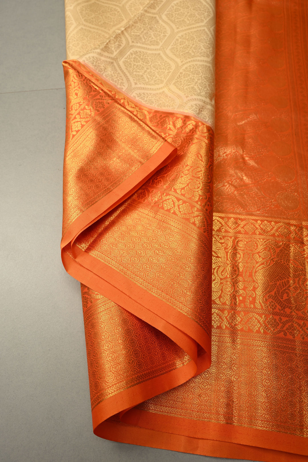 Beige Kanjivaram Tissue Silk Saree with Moroccan Trellis Design Brocade and Contrast Zari Border | SILK MARK CERTIFIED | SHOBITAM