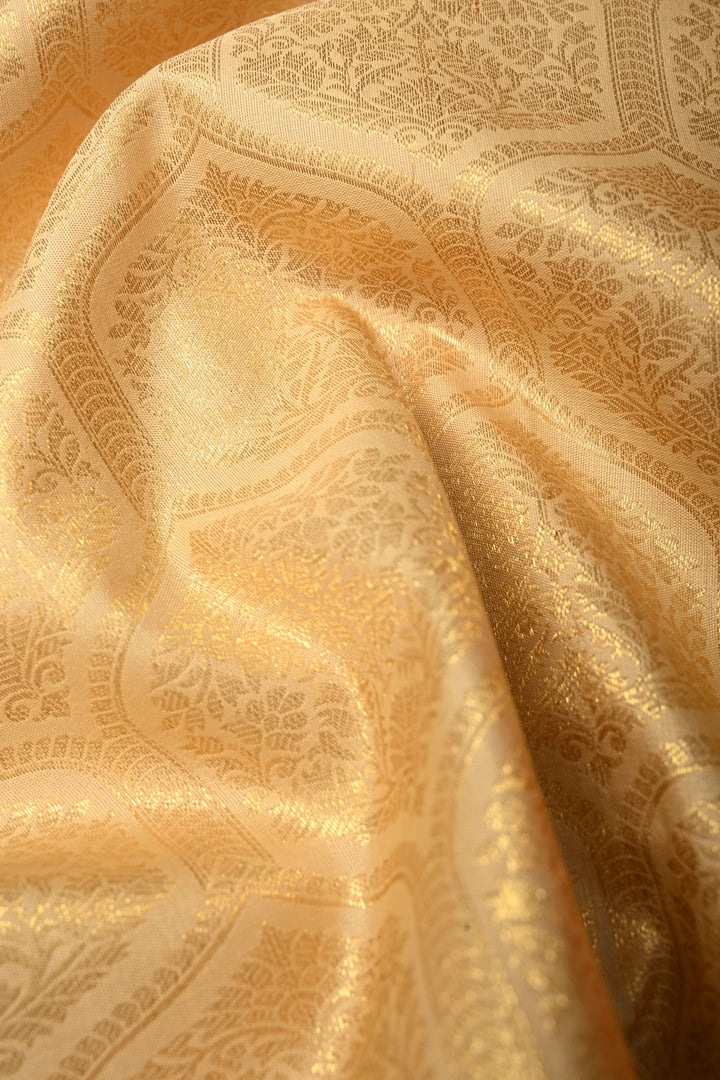 Beige Kanjivaram Tissue Silk Saree with Moroccan Trellis Design Brocade and Contrast Zari Border | SILK MARK CERTIFIED | SHOBITAM