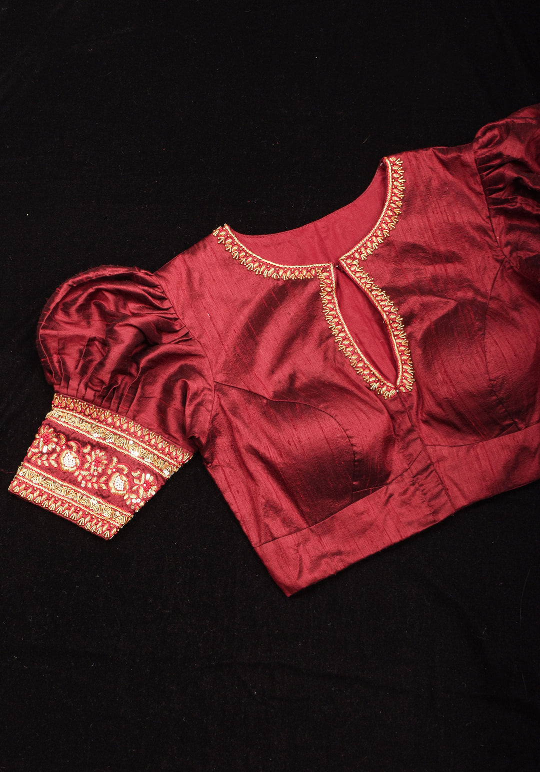 Maroon Pure Raw Silk Blouse with Hand Zardosi detailing and Puff Sleeves, Made to Order