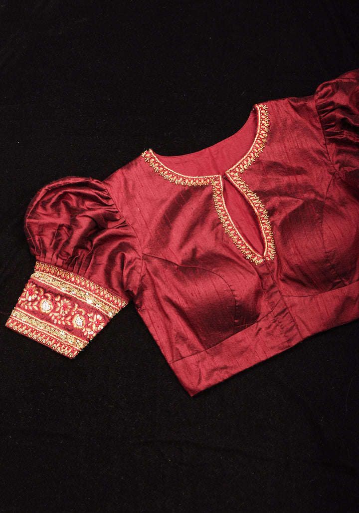 Maroon Pure Raw Silk Blouse with Hand Zardosi detailing and Puff Sleeves, Made to Order